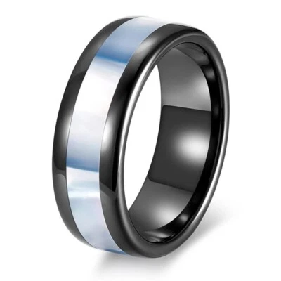 Anillo de boda con incrustaciones de concha azul real anillo de cerámica negra de 8 mm para hombre y mujer Foto 1 de 4
