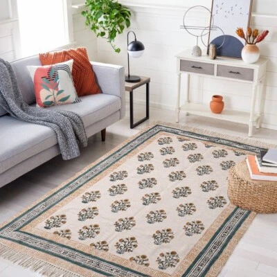 Indian Handmade Cotton Block Printed Rug, Custom Size Area Rug, Home Decor Rug - Image 1 of 4