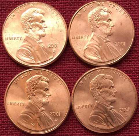 2001 D Lincoln Memorial Cent / Penny  Lot Of Four BU Cover
