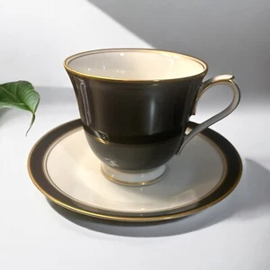 Noritake Footed Cups & Saucers: Ivory and Ebony Pattern # 7274, 2 Sets Available - Picture 1 of 7