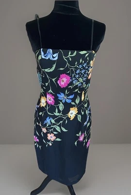 Adrianna Papell Evening Silk Beaded Strapless Dress Floral On Black Size 8 - Image 1 of 4
