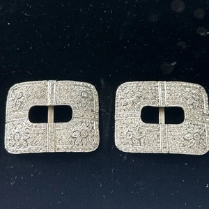 Coppia di due fibbie per scarpe vintage con strass cristalli trasparenti 2" x 2,5" (2) - Foto 1 di 6