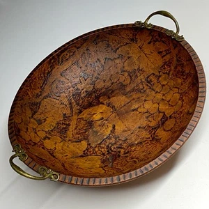 Vintage Pyrography Wood Bowl w/ Brass Handles – Grapevine Design – 13” Footed - Picture 1 of 7