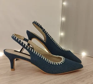 French Connection 7 Denim Embroidered Slingback Preppy Pointed Toe Kitten Heels - Picture 1 of 6