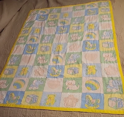 Baby block quilt no batting quilted in soft pastel baby colors 57 in x 42 in - Image 1 of 4