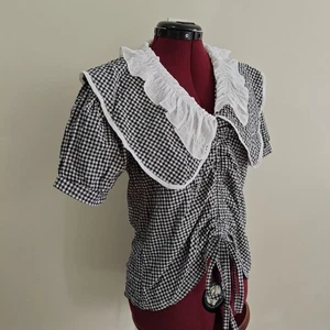 Mujer Guinga Puff Manga Corta Negro Blanco Cuello Distintivo Cottagecore Grande - Imagen 1 de 6