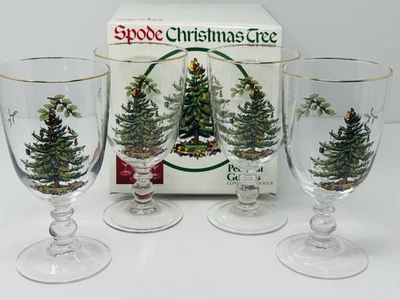 Spode Christmas Tree 16 Ounces Pedestal Goblets with Gold Rims, Set of 4 - Image 1 of 4