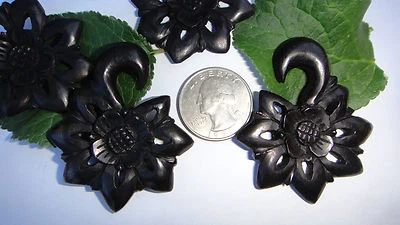 Pair HandCarved Tribal Floral Areng Wood Flower Ear Spiral Expander Plugs Gauges - Image 1 of 3