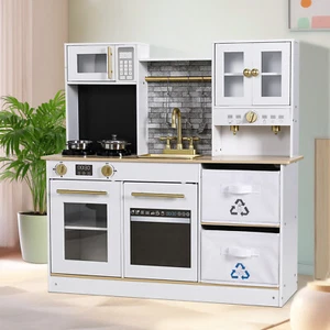 Wooden Kids Pretend Play Kitchen Set Cooking Toys W/Light & Sound, Fabric Boxes - Picture 1 of 9