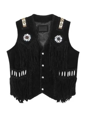 Western Suede Black Leather Vest Native American Beaded Fringe Cowboy  Vest - Image 1 of 4