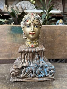 Antique Old South Indian Brass Goddess Gauri Head With Wooden Round Stand 1800 - Picture 1 of 10