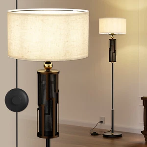 Floor Lamp For Living Room Mid Century Standing Lamp Linen Shade Brown Bronze - Picture 1 of 7