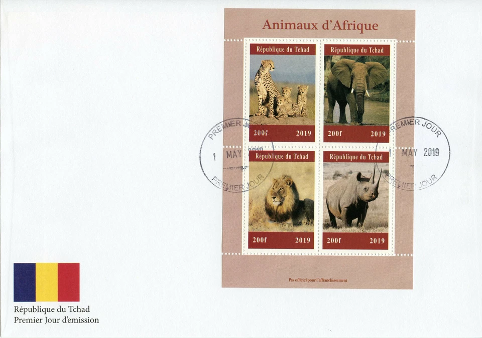 Chad 2019 FDC African Wild Animals Elephants Lions Rhinos 4v M/S Cover Stamps - Image 1 of 1