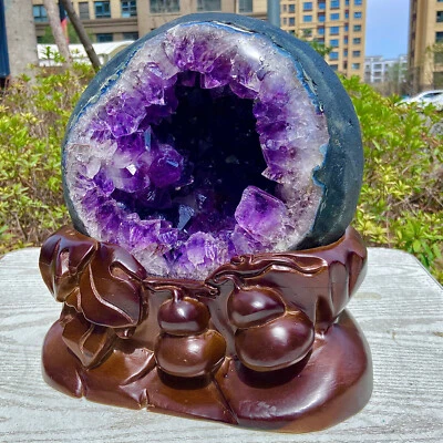 27.46LB   Natural uruguay amethyst geode quartz money bag crystal energy+stand - Image 1 of 4
