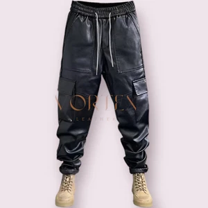 Men's Genuine Lambskin Leather Black Pants Cargo Style Trouser Biker Rider - Picture 1 of 3