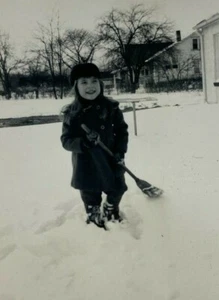 Girl With Broom Playing In Snow B&W Photograph 3.5 x 5 - Picture 1 of 3