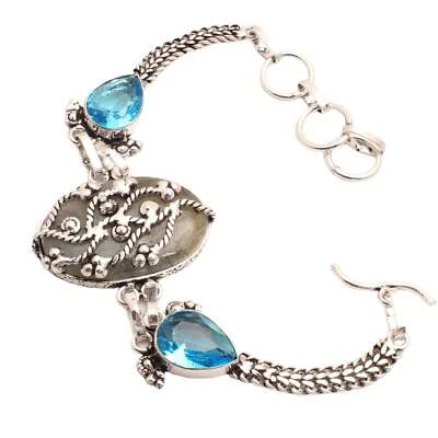 Pietra Labradorite Placcato Argento Bracciale Handmade Gioielli Regalo 18 Gr - Immagine 1 di 3