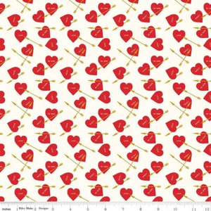 VALENTINES SWEETHEART BY R BLAKE HEARTS & METALLIC ARROWS ON CREAM FABRIC HY - Picture 1 of 1