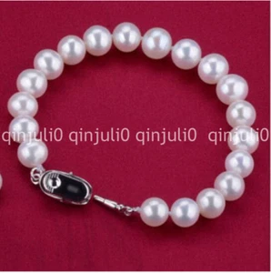 Charming 9-10mm Akoya Natural White Pearls Bracelet 925 Silver 7.5" - Picture 1 of 3