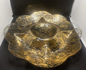 Vintage Ricco Verre de Belgique geraffter Rand Gold Floral geprägt Platte Schale 15" - Bild 1 von 7