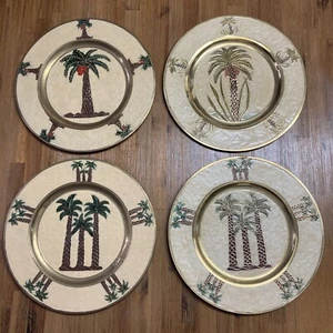 Vintage Enamel Brass Decorative Plate SET OF 4, Palm Tree, Wall Art, India, 12'' - Picture 1 of 12
