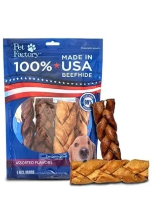 Pet Factory 100% USA Beefhide 6" Braided Sticks Dog Chew Treats Beef Low Price  - Image 1 of 4