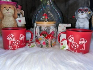 Seeds & Sunshine Mushroom Toadstool 2 Coffee Mugs & 1 Glass Mushroom Cannister - Picture 1 of 12