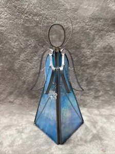 Vintage Hand Made 10” Blue & Silver Stained Glass Angel Sun Catcher Mirror - Picture 1 of 24