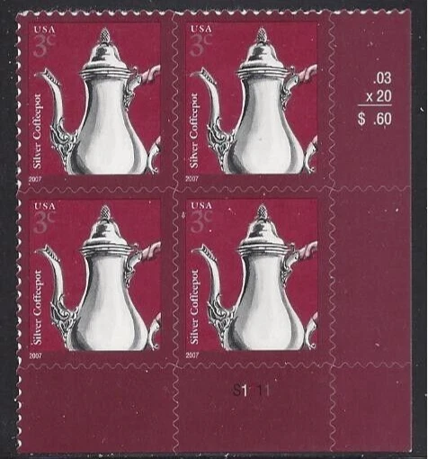 US Stamps 2007, 3 cent Silver Coffeepot, plt bk of 4 LR Scott #3754 - Image 1 of 1