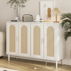 Rattan Sideboard Buffet Cabinet w/4 Doors & Power Outlet for Kitchen White - Picture 1 of 8