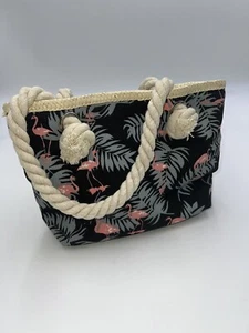 Girls FLAMINO Mini Tote Bag Zip Closure Rope Handles Canvas Lined Beach Pool NEW - Picture 1 of 4