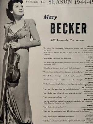 Mary Becker 1944 Booking Ad Musical Performer Concert Violinist - Image 1 of 2