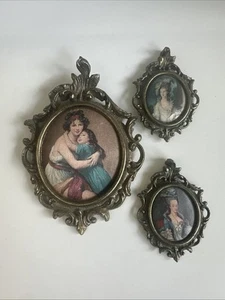 Set Of 3 Vintage Victorian Ornate Brass Silk Art Portrait Pictures w/Frame Italy - Picture 1 of 12