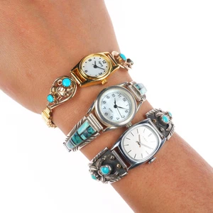 3 Vintage Navajo Uhrenspitzen aus Sterlingsilber Türkis / Kanaleinlage / Gold gefüllt - Bild 1 von 8