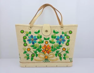 Bolso de mano de colección años 60 Enid Collins of Texas Jewel Bokay cesta lona cuero - Imagen 1 de 24