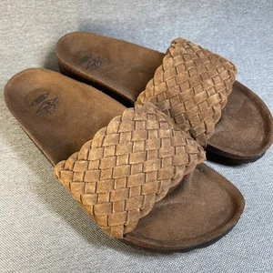 RIP CURL Sz 8 Brown Suede Woven Slide Sandals Outdoor Coastal Summer Comfort EUC - Picture 1 of 7