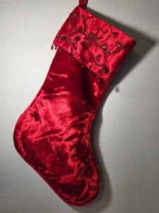Christmas Bright Red Velvet Stocking Floral Embroidered Beading on Satin - Picture 1 of 8