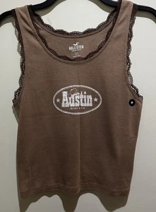 NWT ~ Hollister Tank Crop Top Brown Lace Trim ~ Austin, Texas ~ Size Medium - Picture 1 of 7