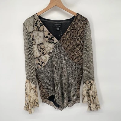 Новый без ценников винтажный 90-х годов Y2K прихотливый шелк лоскутное одеяло блузка XL фея Bell рукава богемное - Изображение 1 из 4