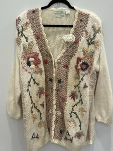 Colleens Collectables Stickerei Strickjacke Blumen Granny Landhaus Pullover GEFLECKT L - Bild 1 von 14