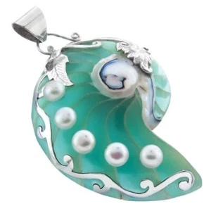 925 Sterling Silver Turquoise Blue Nautilus Shell Pearl Sterling Pendant, 3" - Picture 1 of 3