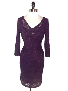 LAUREN RALPH LAUREN Size 10 Sheath Dress Purple Floral Lace Shimmery 3/4 Sleeve - Picture 1 of 6