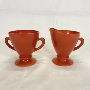Hazel Atlas Creamer and Sugar Bowl Set Ovide Rust Pattern Platonite Vintage - Picture 1 of 8