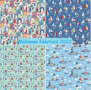 Makower Nautical 2022 FQ 1/2m seaside beach huts lighthouse boats yachts crabs - Picture 1 of 17
