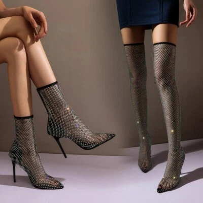 Women Pointy Toe Stilettos Heels Over The Knee Boots Rhinestons Ankle Sandals  - Image 1 of 4