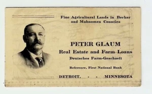 Vintage 1900's Business Card First National Bank Detroit ...Minn Peter Glaum - Picture 1 of 2