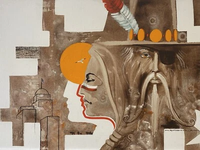 🔥 Vintage Modern Southwest Cowboy & Indian Cubist Oil Painting, ROTHWELL 1970s - Image 1 of 4