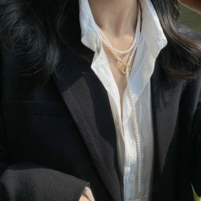 Largo 50 pulgadas 4-5 mm AAA+ perfecto collar de perlas blancas Akoya oro 14k relleno mujer Foto 1 de 4