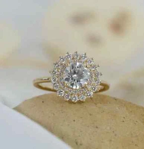 14k Yellow Gold Plated 2.20Ct Round Moissanite Double Halo Engagement Ring Women - Picture 1 of 4