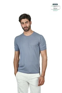 220$ Italian Luxury GRAN SASSO Knit T-Shirt Sweater " Fresh Cotton " Steel Blue - Picture 1 of 2